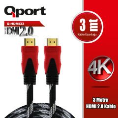 QPORT Q-HDMI33 3 METRE 2.0V 4K  ALTIN UÇLU ÖRGÜLÜ KABLO